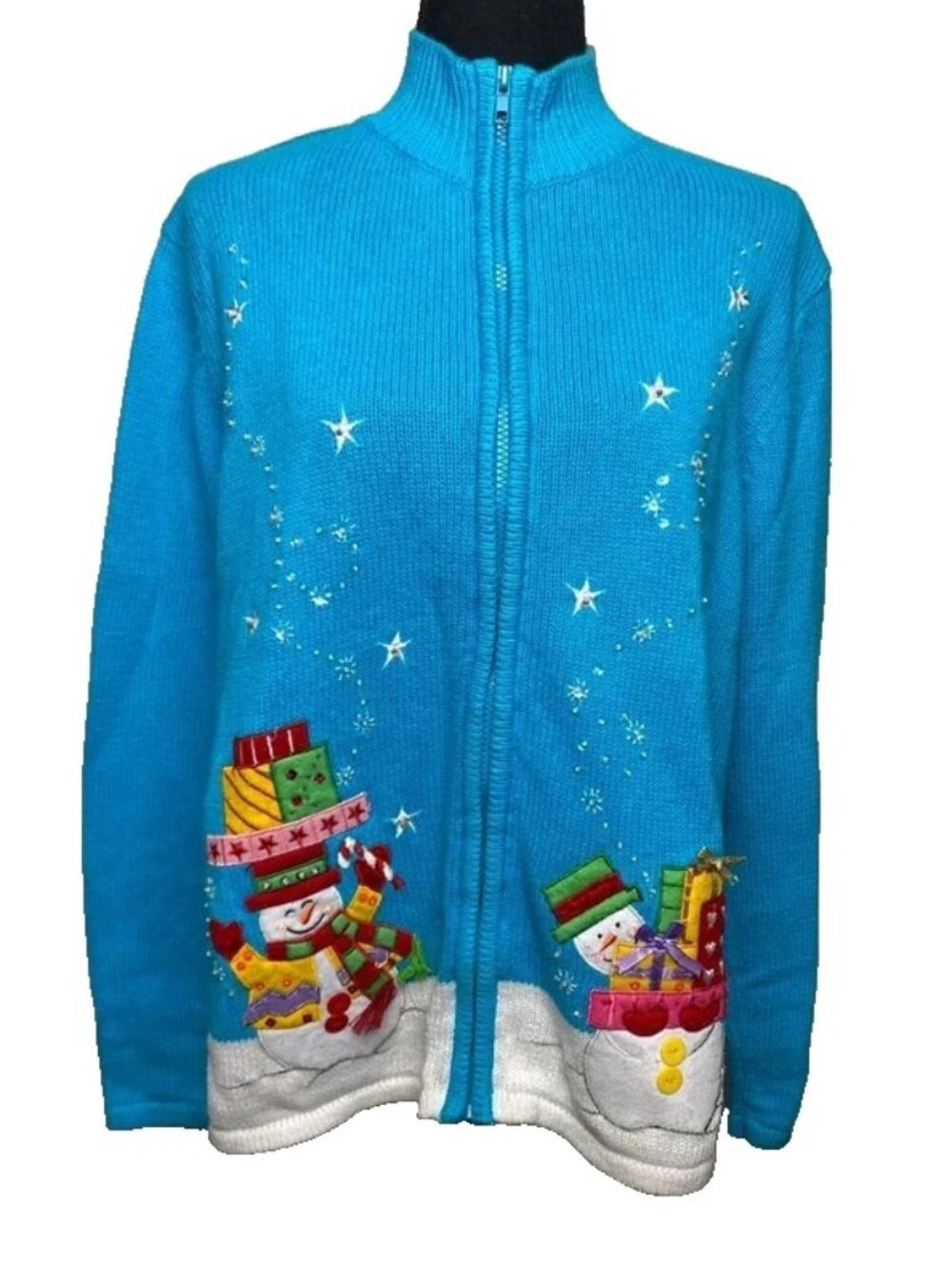 Tiara International Christmas Sweater Womens XL Blue Zip Up Snowman Winter
